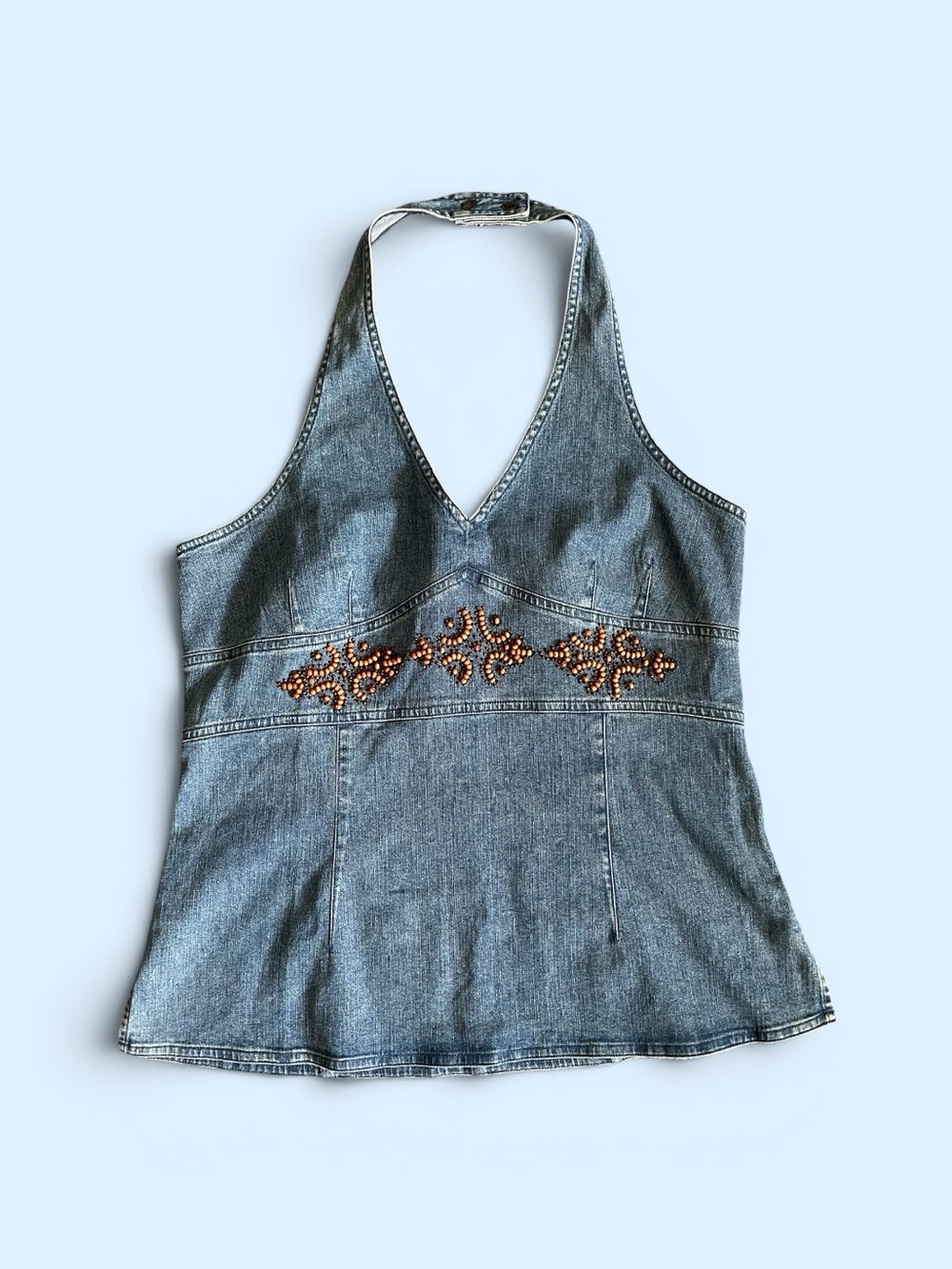 #010, Harold's Denim Halter Top with Copper Bead Detail, size L